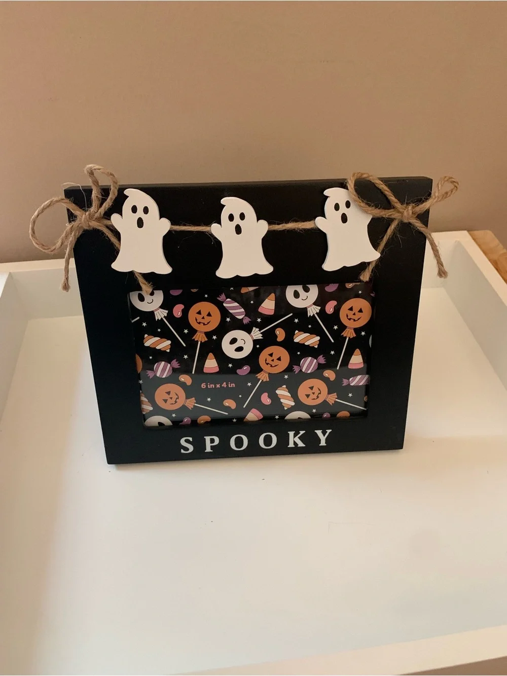 Spooky Black Halloween Photo Frame with White Ghost Garland